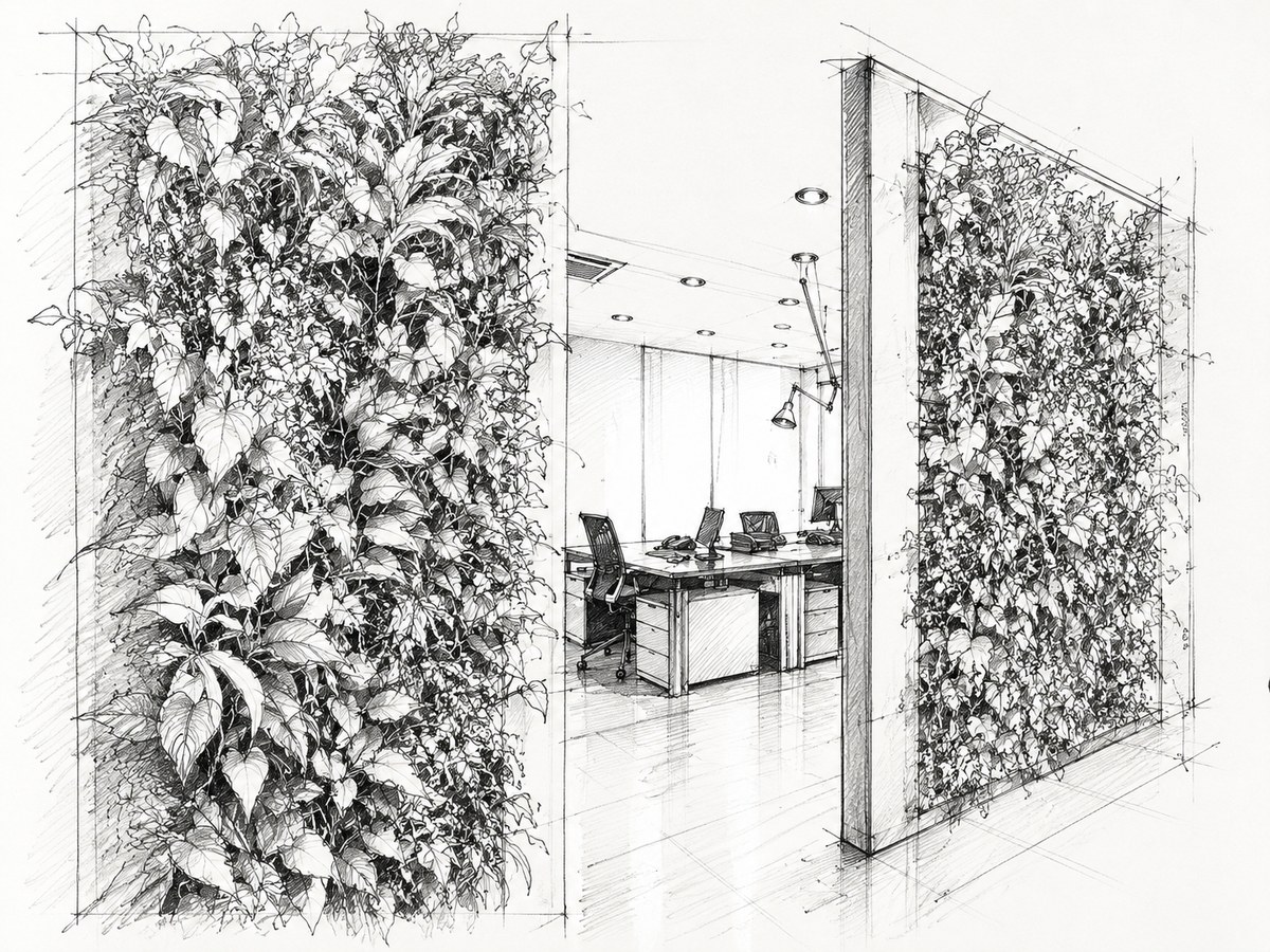 Schizzo parete verde in open space
